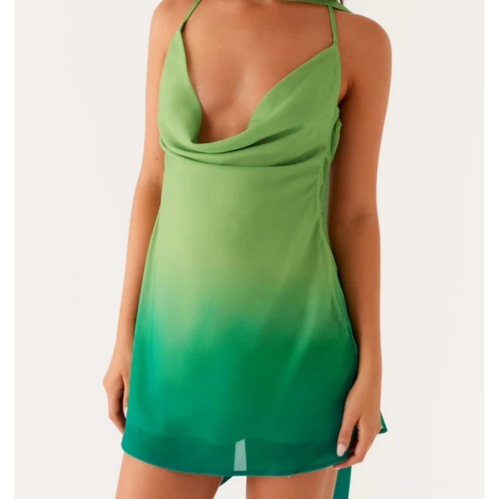 PEPPERMAYO Parma Mini Dress Cowl Halter Ombre Green US 4 / AU 8